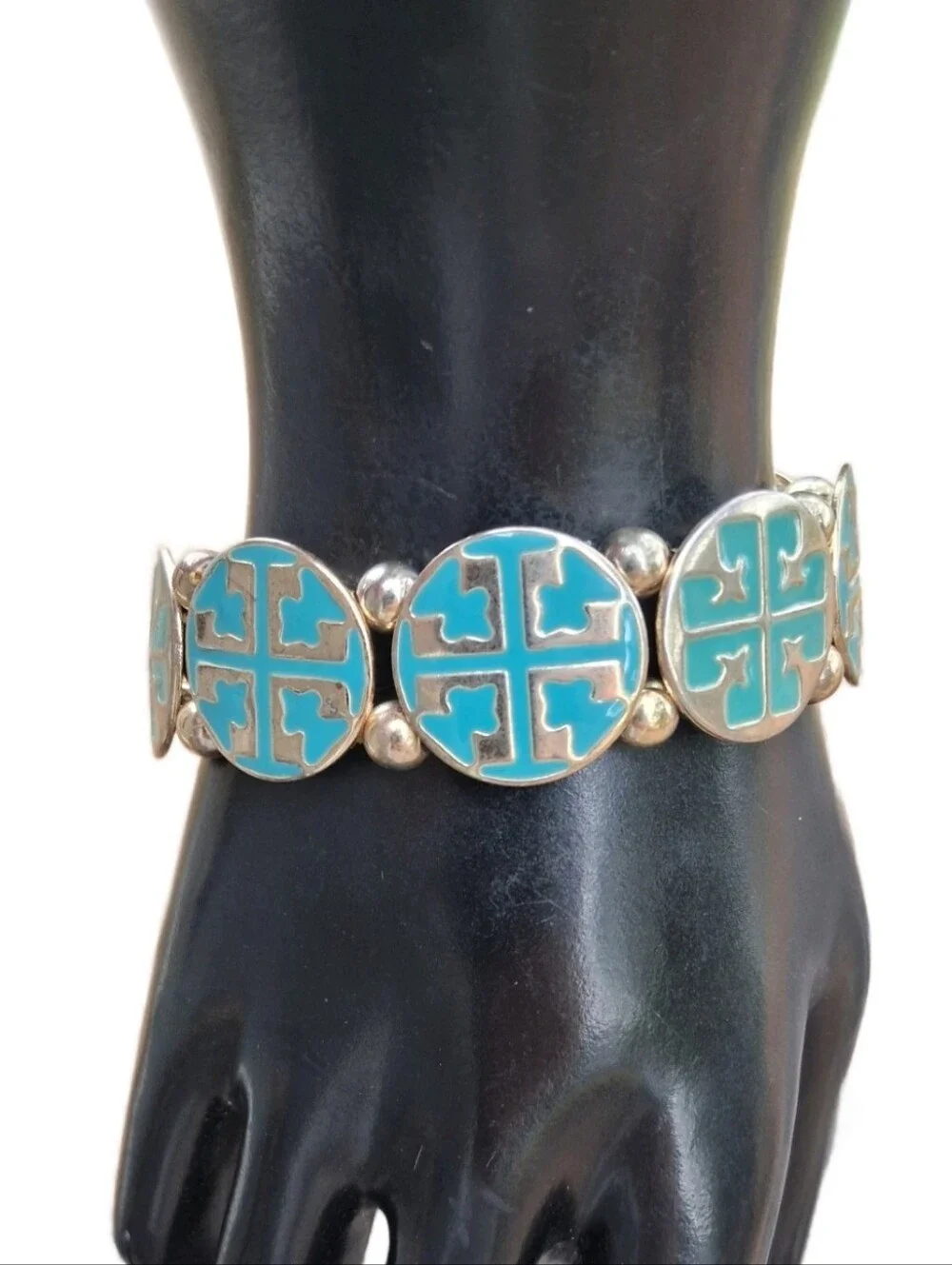 Rustic Cuff Turquoise Enamel Cross Logo Stretch Bracelet Gold Tone